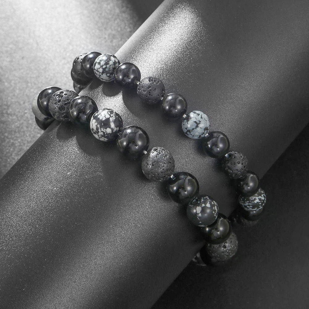 Handmade Natural Volcanic Stone And Snowflake Jasper Bead Bracelet