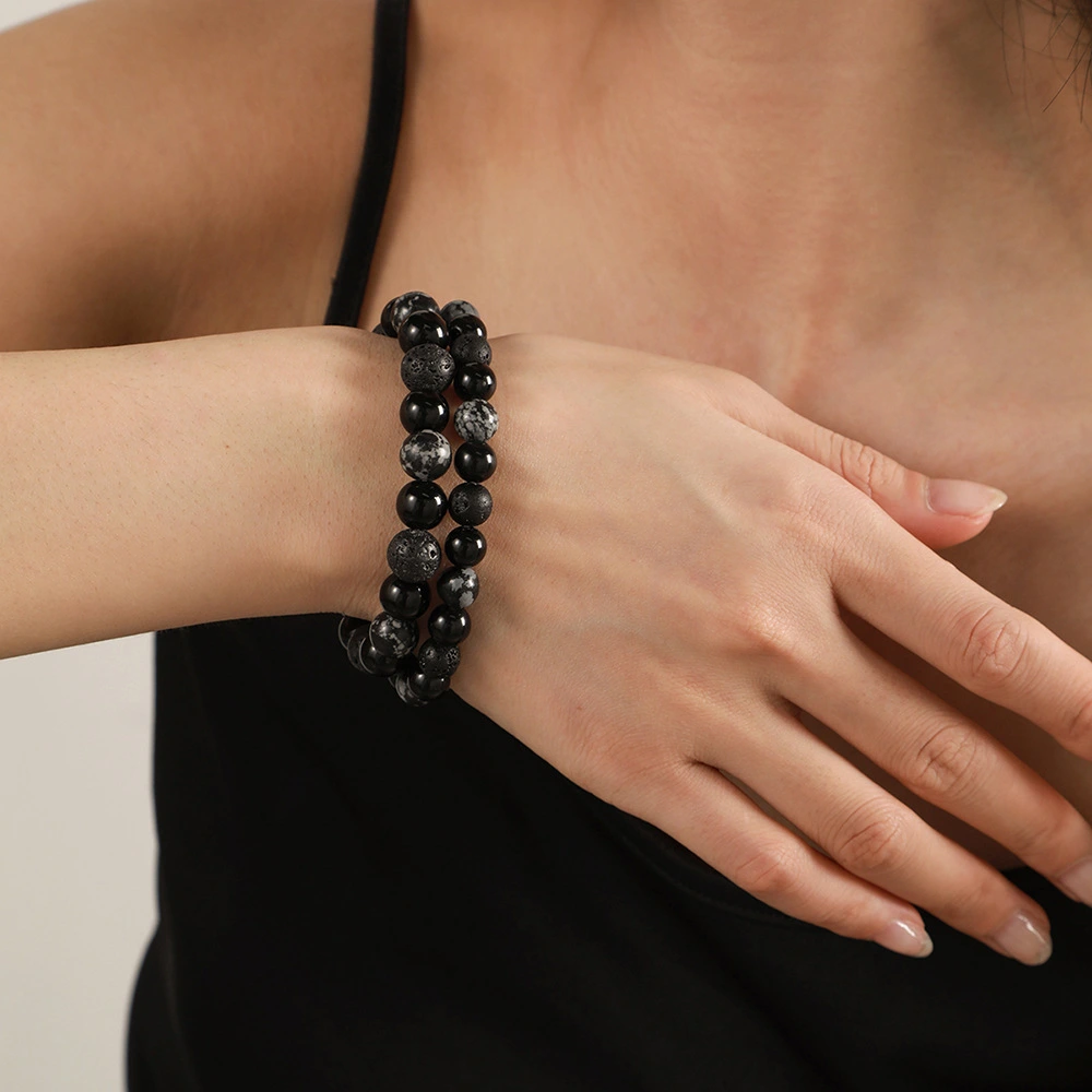 Handmade Natural Volcanic Stone And Snowflake Jasper Bead Bracelet