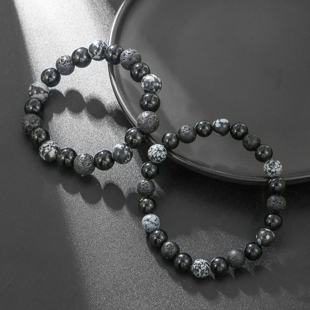 Handmade Natural Volcanic Stone And Snowflake Jasper Bead Bracelet