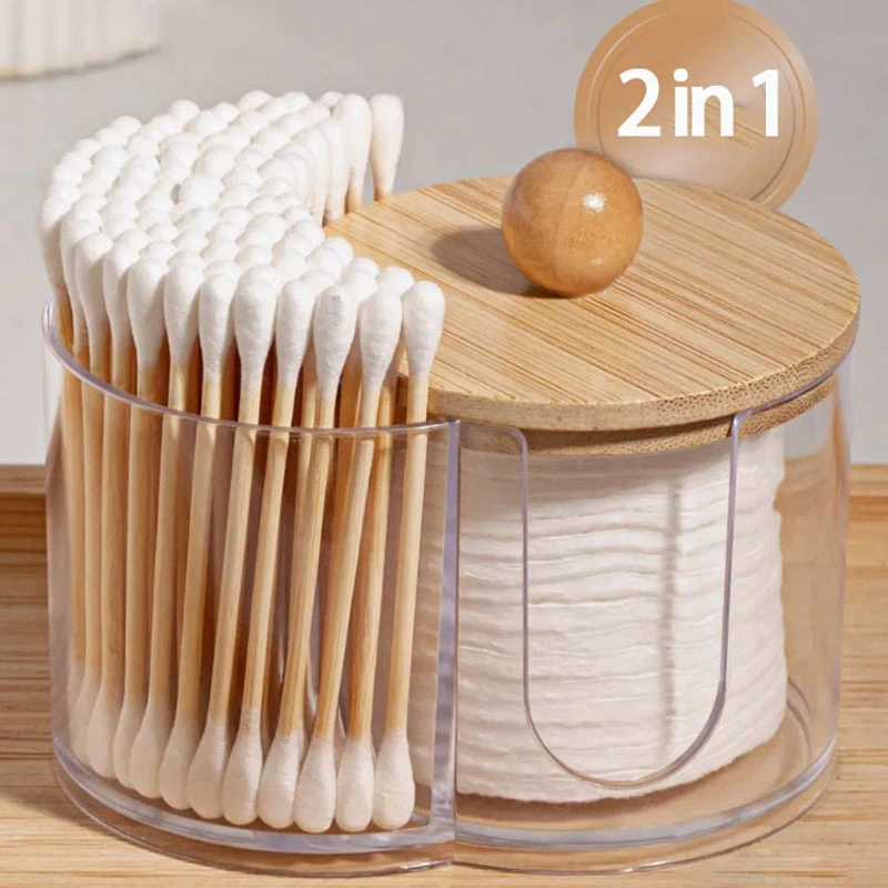 2-in-1 Bamboo-Lidded Cotton Swab Container