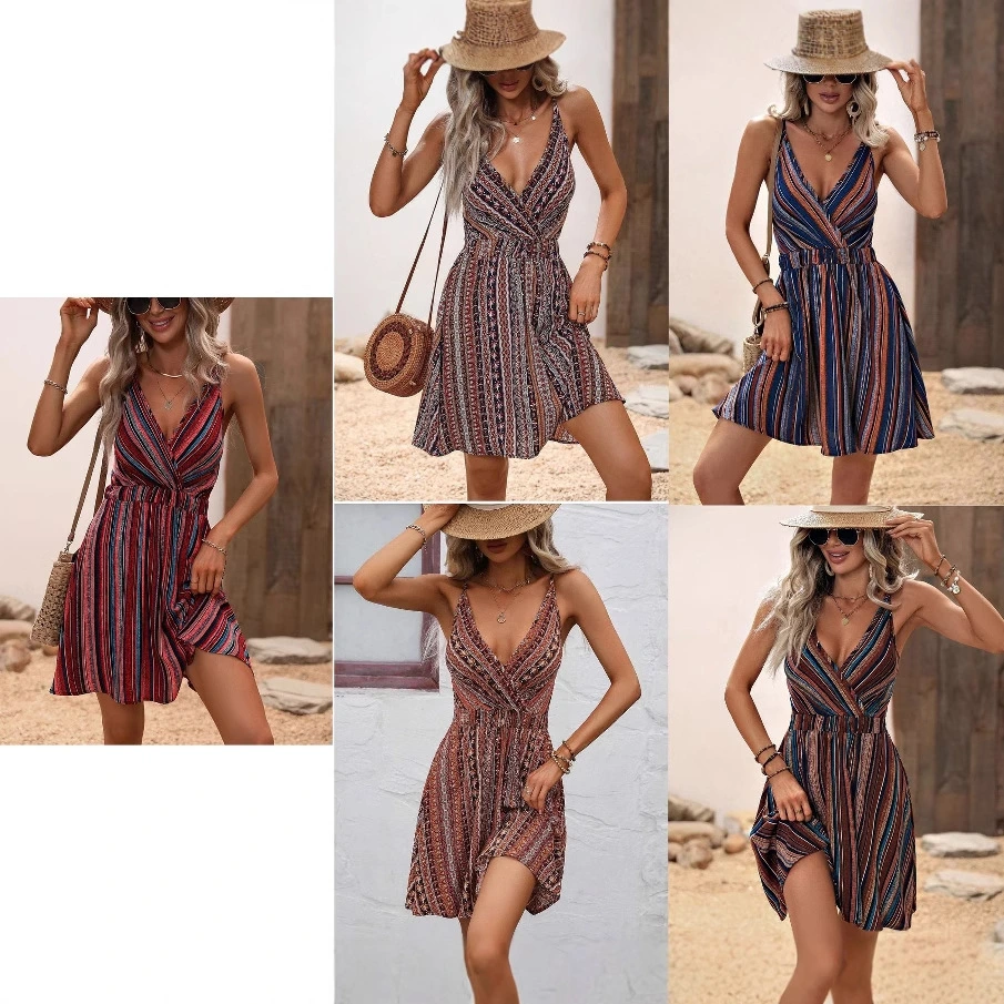Striped Wrap Style V Neck Slip Dress With Thin Shoulder Straps And Elastic Back Straps