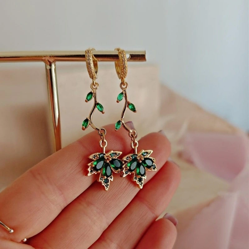 Retro Golden Maple Leaf Long Earrings With Green Zircon