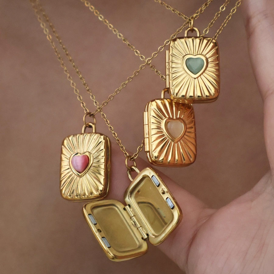 Stainless Steel Cat Eye Stone Magnetic Photo Box Pendant Necklace For Women