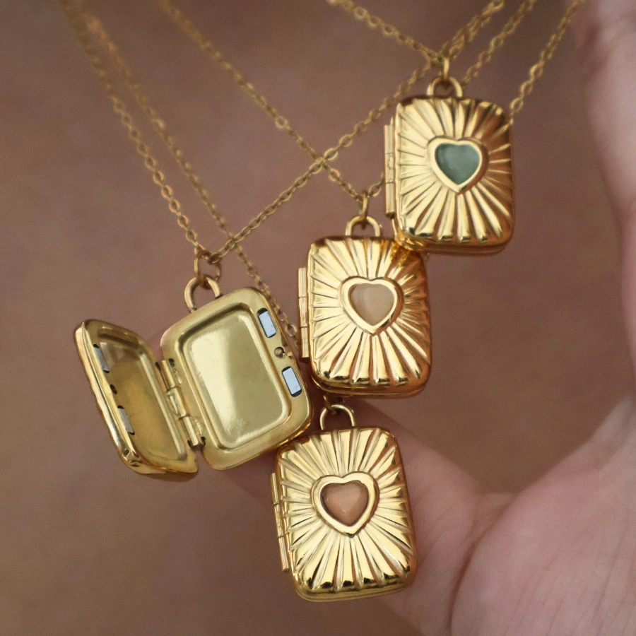 Stainless Steel Cat Eye Stone Magnetic Photo Box Pendant Necklace For Women