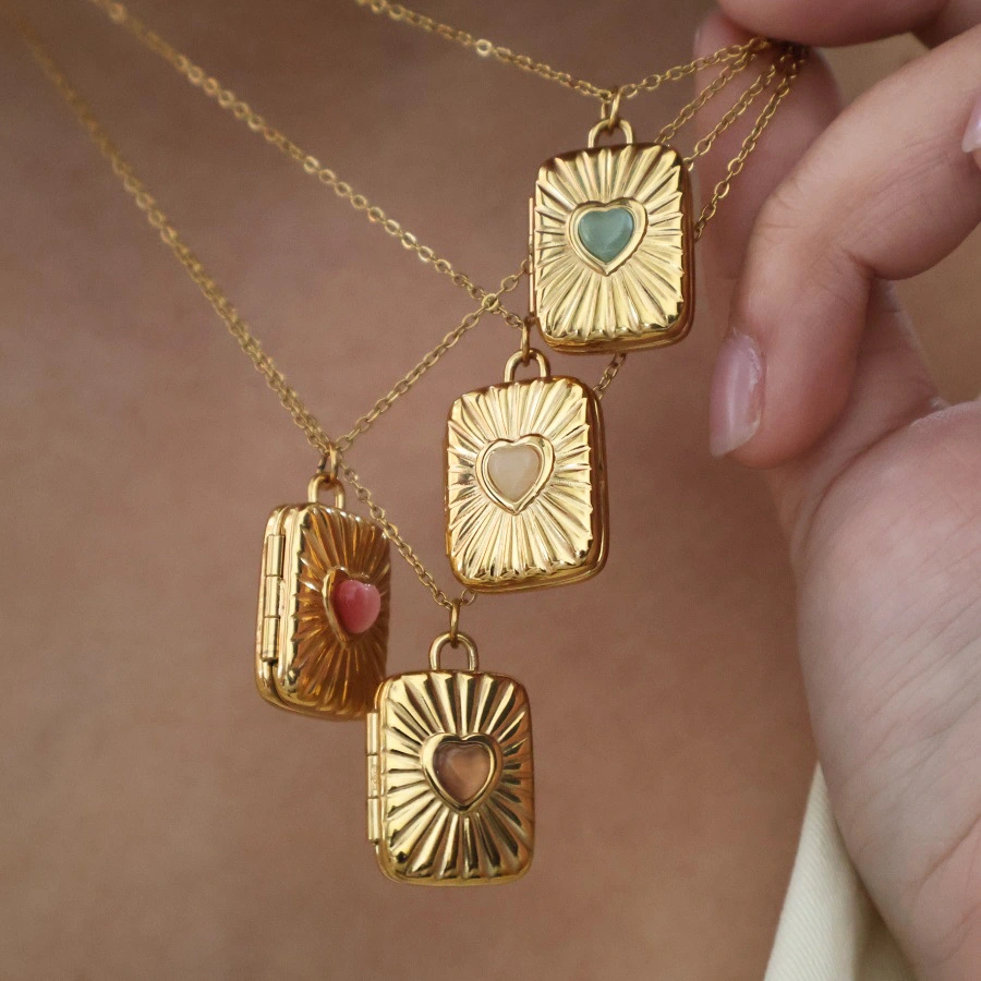 Stainless Steel Cat Eye Stone Magnetic Photo Box Pendant Necklace For Women