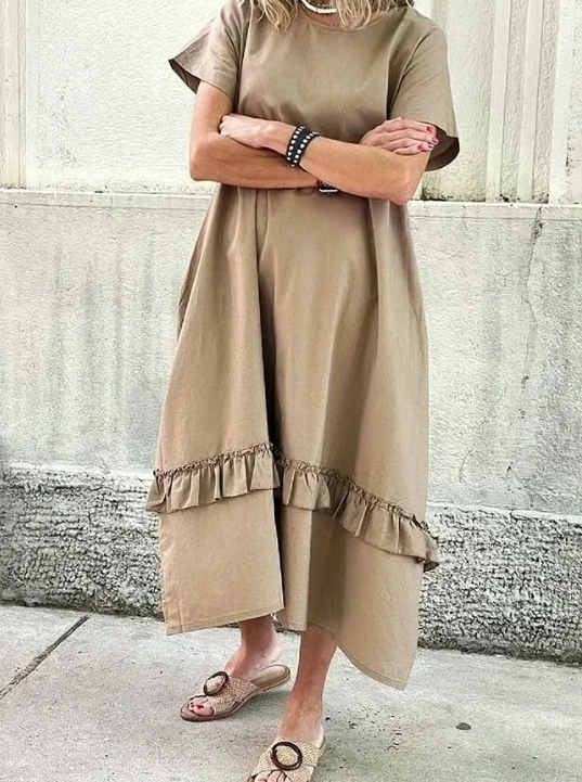 Women's Casual Khaki Stitching Ruffled Loose Fit Maix Dress