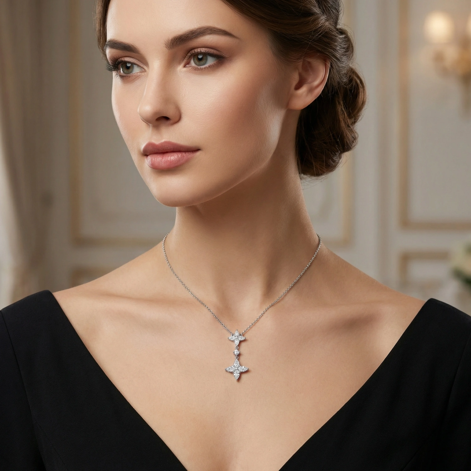 925 Sterling Silver Exquisite Marquise CZ Floral Double Cluster Drop Pendant Necklace 