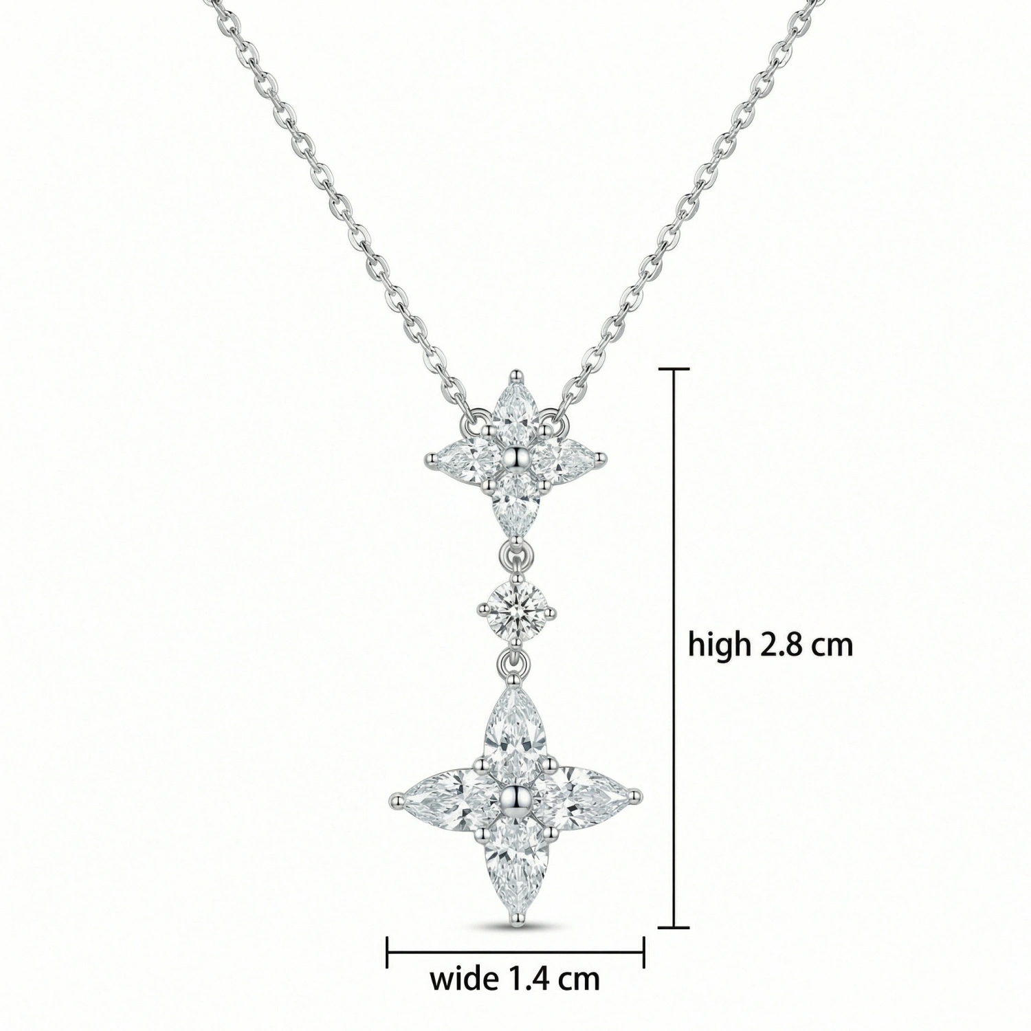 925 Sterling Silver Exquisite Marquise CZ Floral Double Cluster Drop Pendant Necklace 