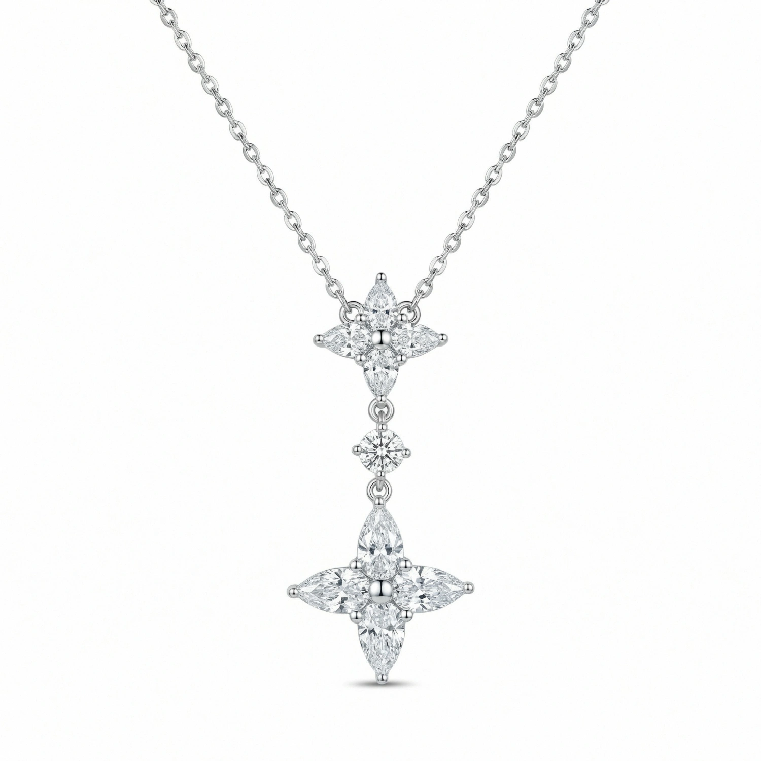 925 Sterling Silver Exquisite Marquise CZ Floral Double Cluster Drop Pendant Necklace 