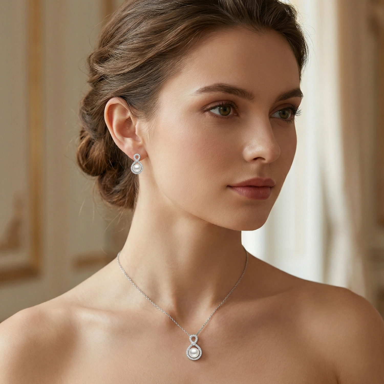 925 Sterling Silver Elegant Sterling Silver Infinity Pearl Necklace and Earrings Jewelry Set 