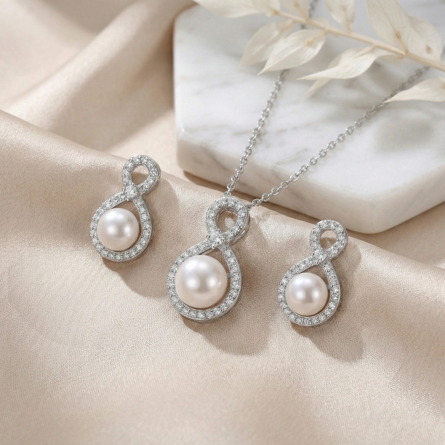 925 Sterling Silver Elegant Sterling Silver Infinity Pearl Necklace and Earrings Jewelry Set 