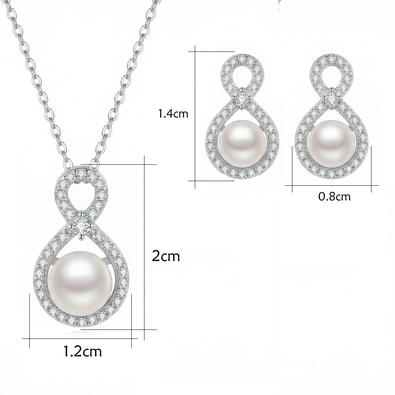 925 Sterling Silver Elegant Sterling Silver Infinity Pearl Necklace and Earrings Jewelry Set 