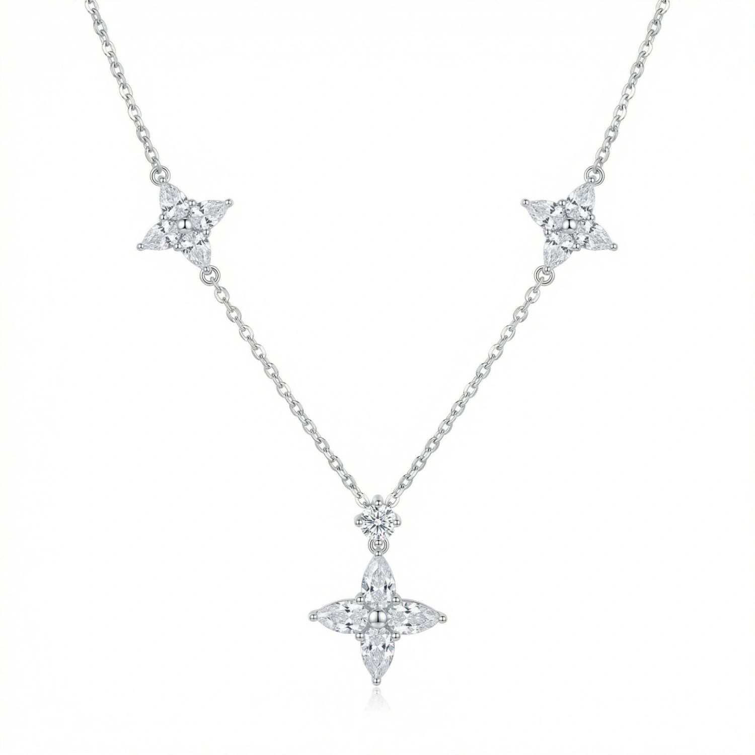 925 Sterling Silver Elegant Sterling Silver Marquise-Cut Floral Station Necklace 