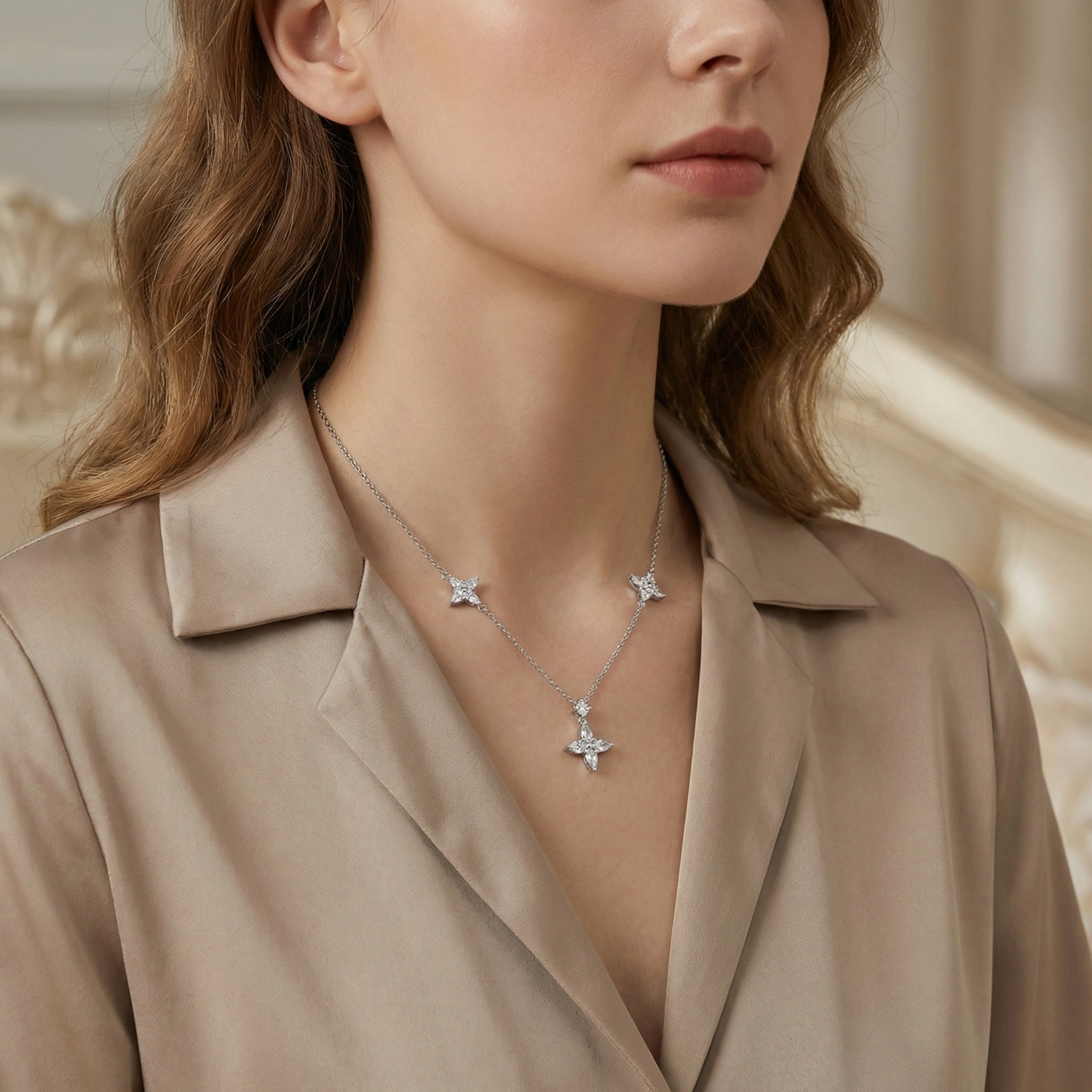 925 Sterling Silver Elegant Sterling Silver Marquise-Cut Floral Station Necklace 