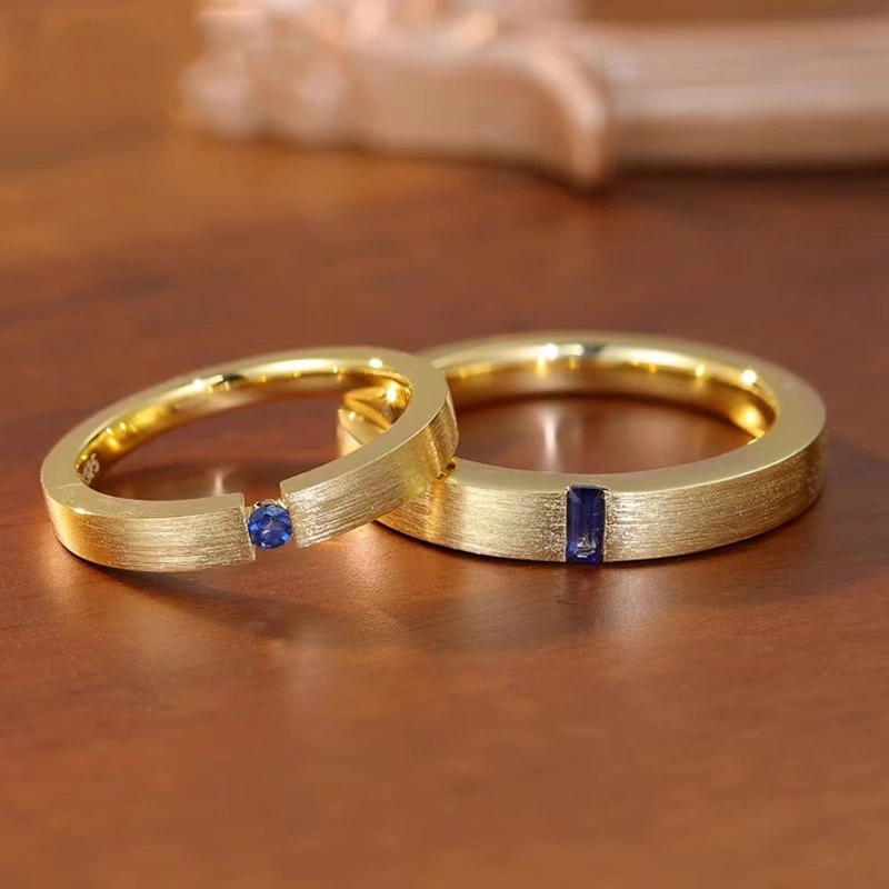 Hand-drawn And Engraved Blue Zircon Gold-plated Men's And Women's Matching Rings