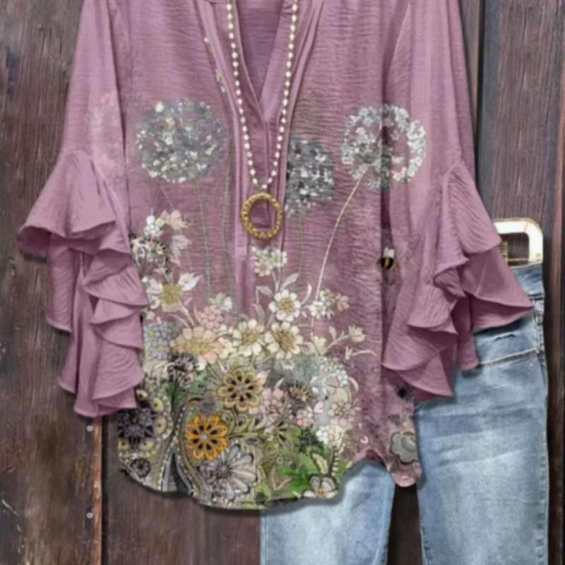 Digital Printing Casual Trend V-necked Floral Edge Blouse