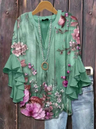 Digital Printing Casual Trend V-necked Floral Edge Blouse