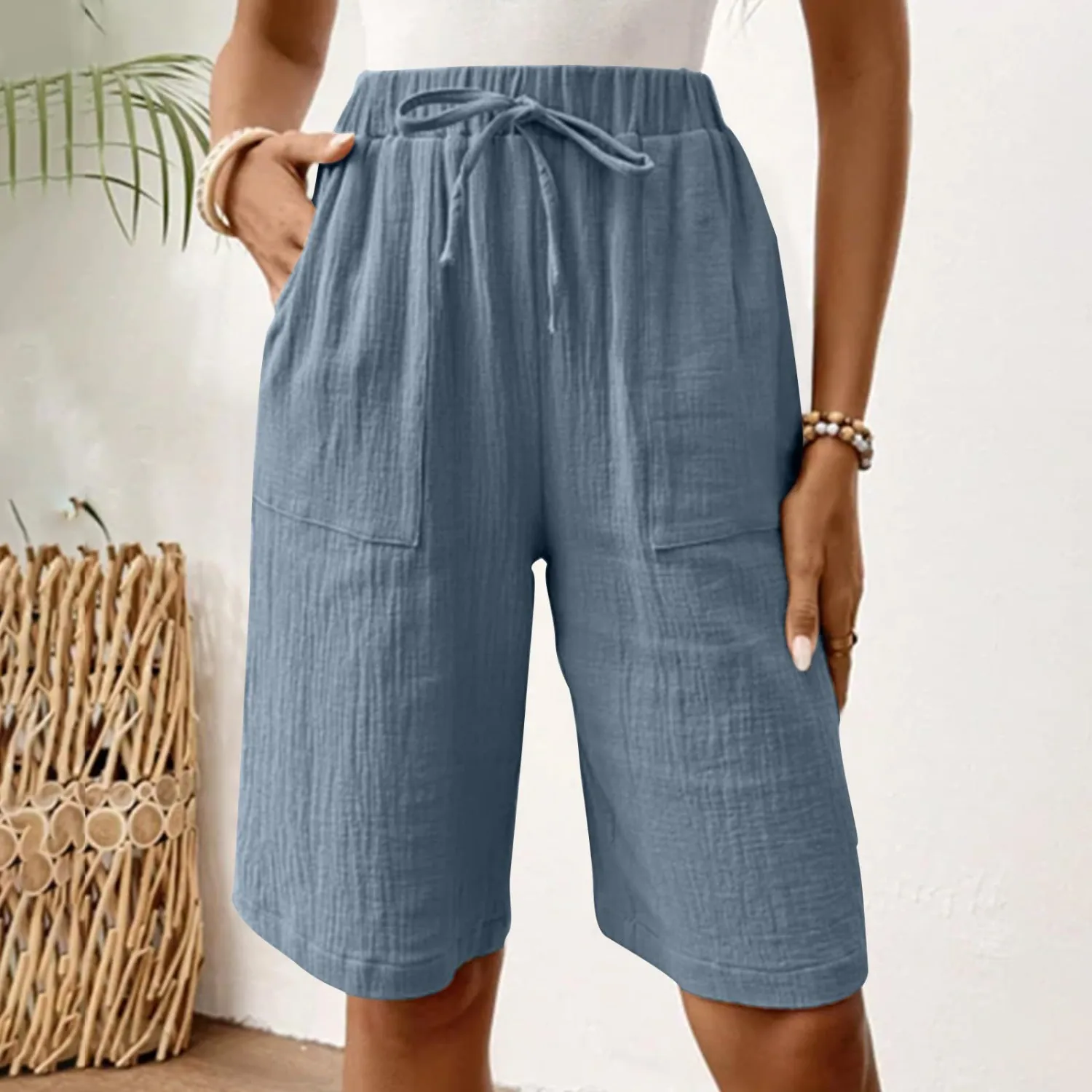 Solid-color Tie-up Loose Casual Capri Pants