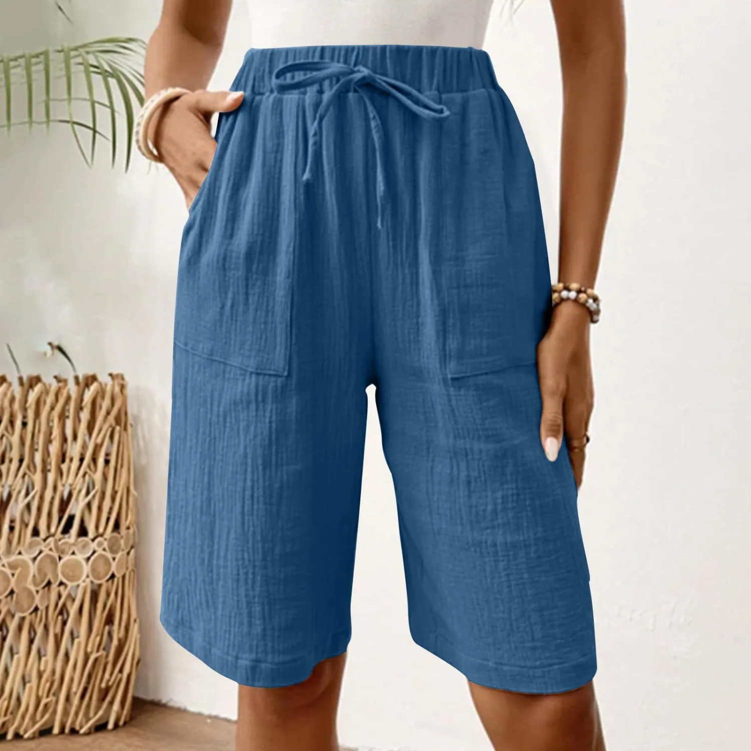 Solid-color Tie-up Loose Casual Capri Pants