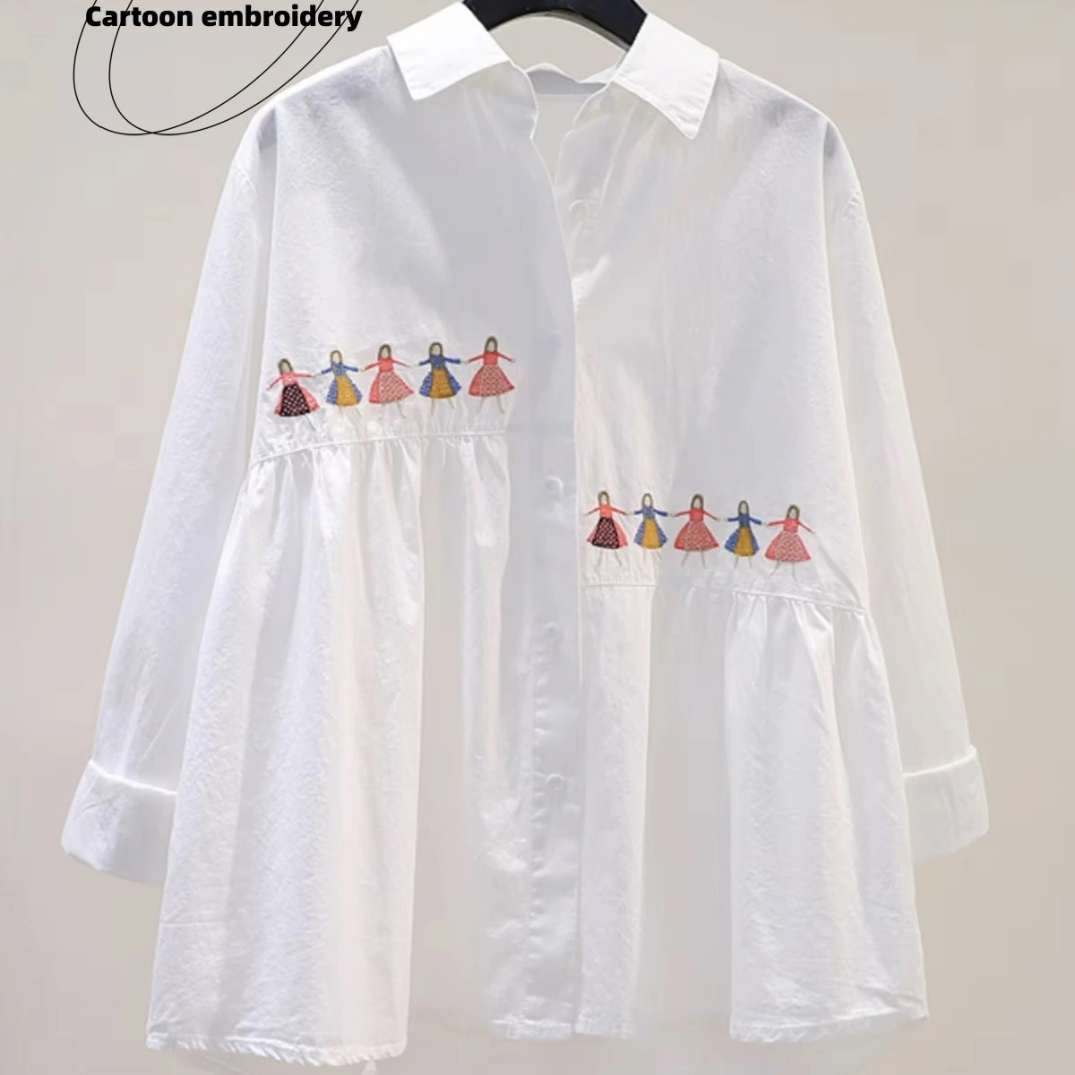 White Embroidered Cartoon-patterned Shirt