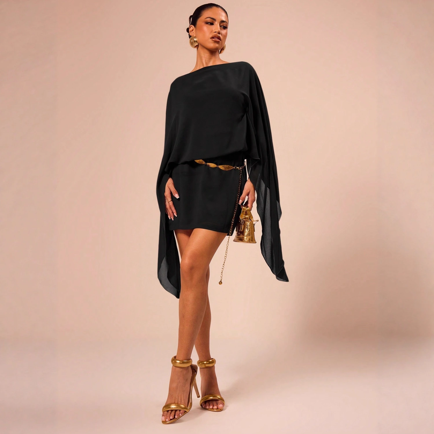 New Wine-red Off-shoulder Cloak-style Mini Dress