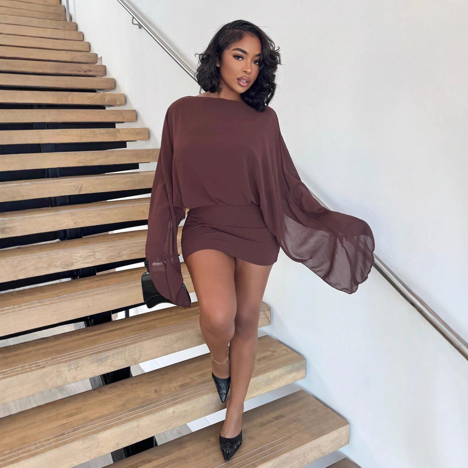 New Wine-red Off-shoulder Cloak-style Mini Dress