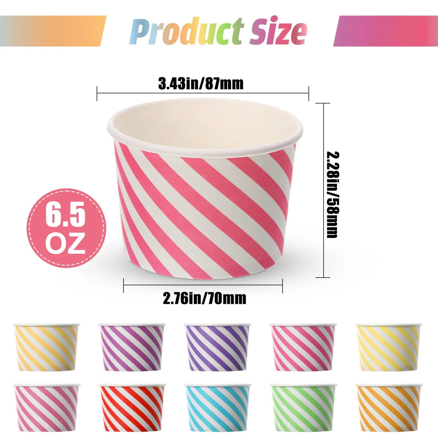 Zeyune 500 Pcs Paper Ice Cream Cups, 6.5 Oz Disposable Dessert Sundae Bowls Frozen Yogurt Twill Snack Soup Hot Cold Food Paper Cups for New Year, Birthday, Wedding, Baby Shower, Party Supplies
