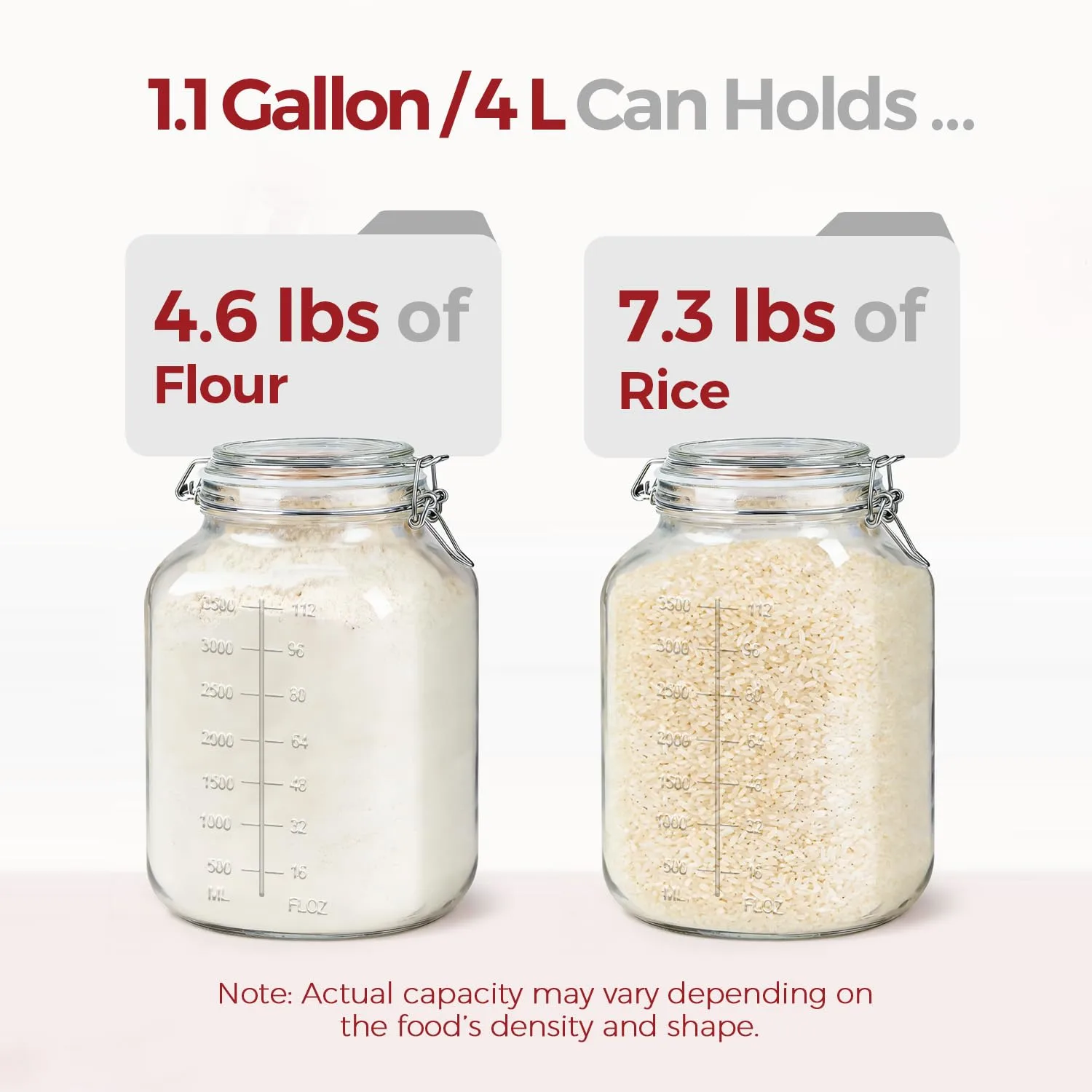 1.1 Gallon Wide Mouth Glass Canisters with Airtight Lids & Measurement Marks (2-Pack) – Includes 2 Measuring Scoops & Labels, Food Storage Jars for Flour, Sugar & Baking Supplies | BPA-Free