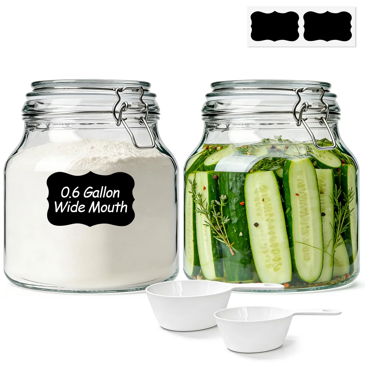 0.6 Gallon 2 Pack Wide Mouth Glass Jars with Airtight Lid – Includes 1 Cup & 0.5 Cup Measuring Scoops & Labels, Ideal for Flour, Sugar, Coffee, Cereal, Rice & Dry Goods | Thick Glass, BPA-Free