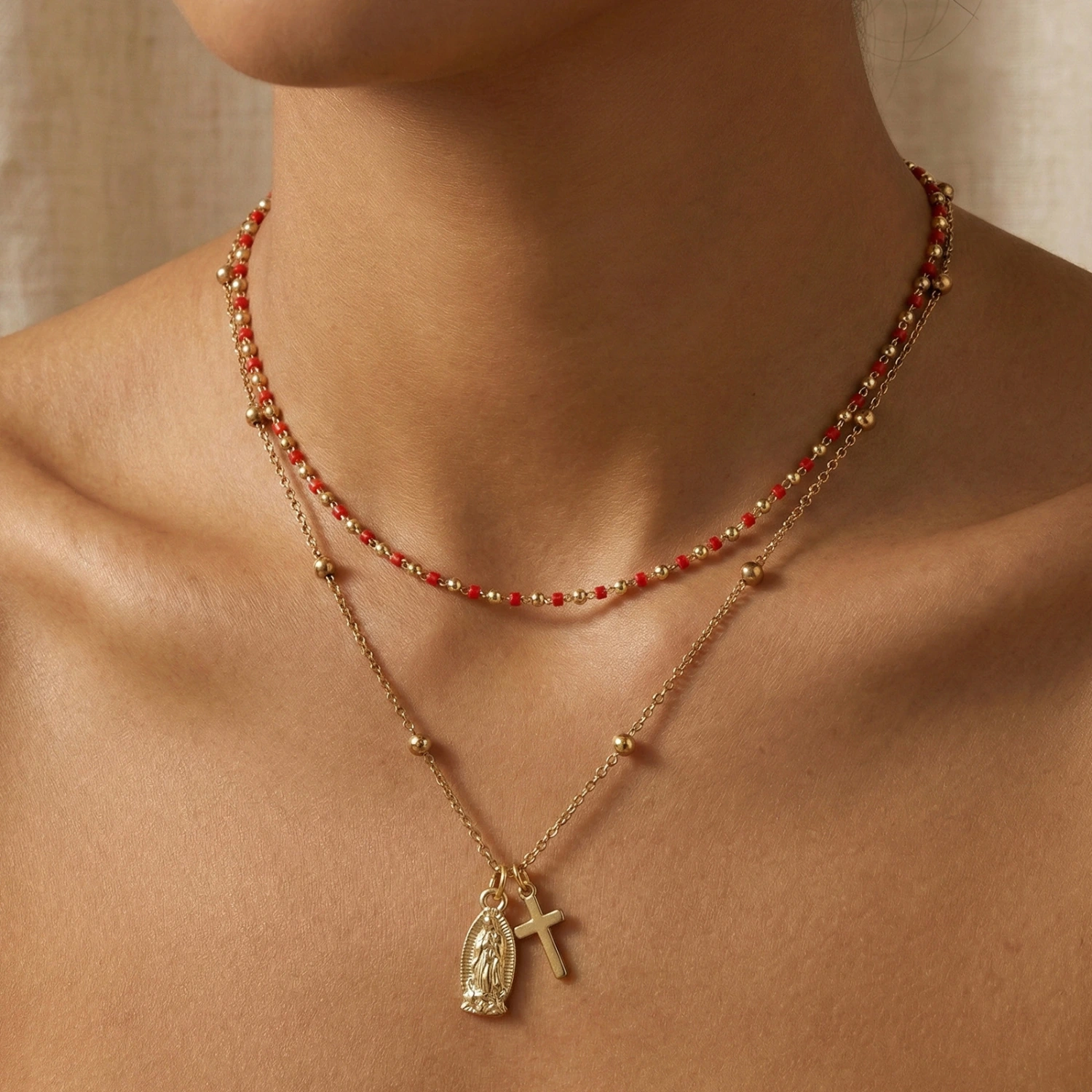 Handmade Beaded Red And Gold Double-Layer Necklace