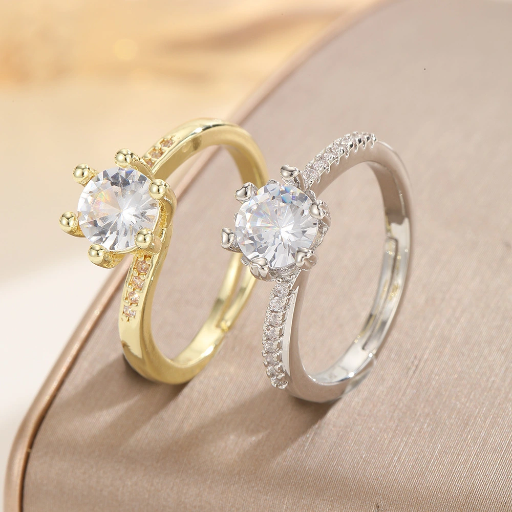 Rhinestone-inlaid Open-style Adjustable Bicolored Gold And Silver Ring