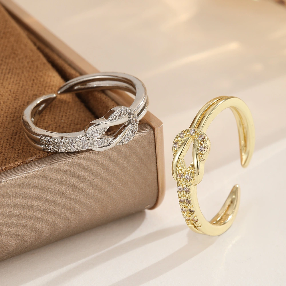 Light-luxury High-end Knot-design Diamond-studded Open Ring