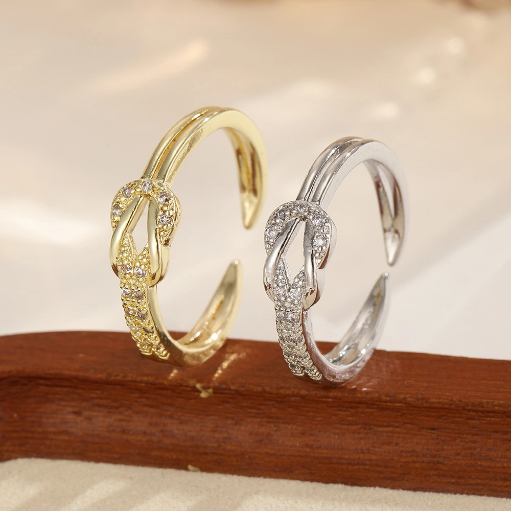 Light-luxury High-end Knot-design Diamond-studded Open Ring