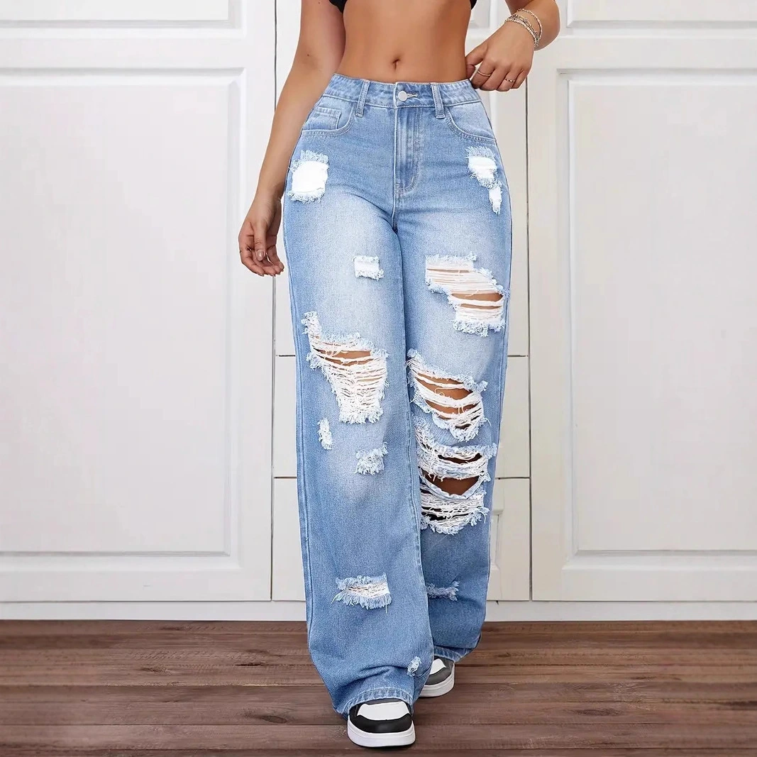 Trendy Washed Ripped Straight Jeans For Women