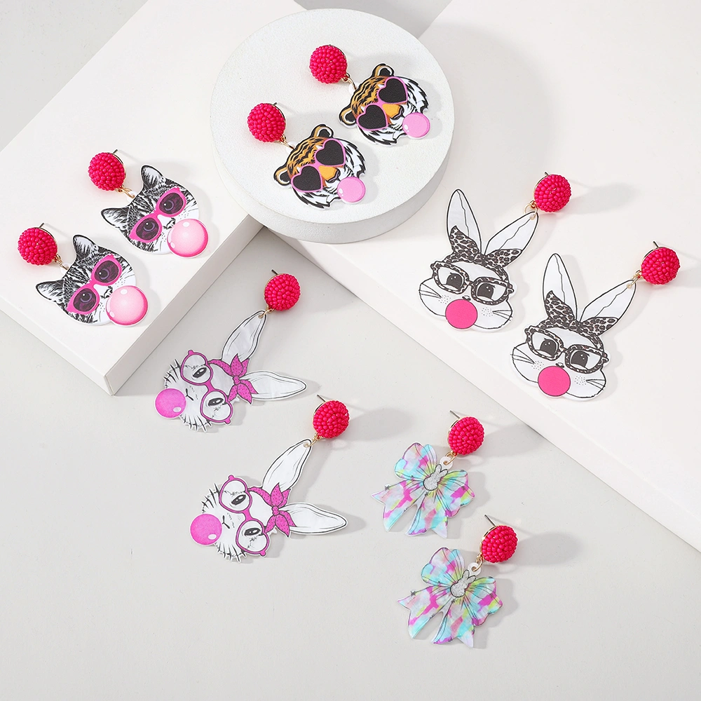 Playful Cartoon Animal Acrylic Stud Earrings Bubble Bunny Cat Tiger Bow Beaded Party Vacation Festival Daily Fashion Jewelry