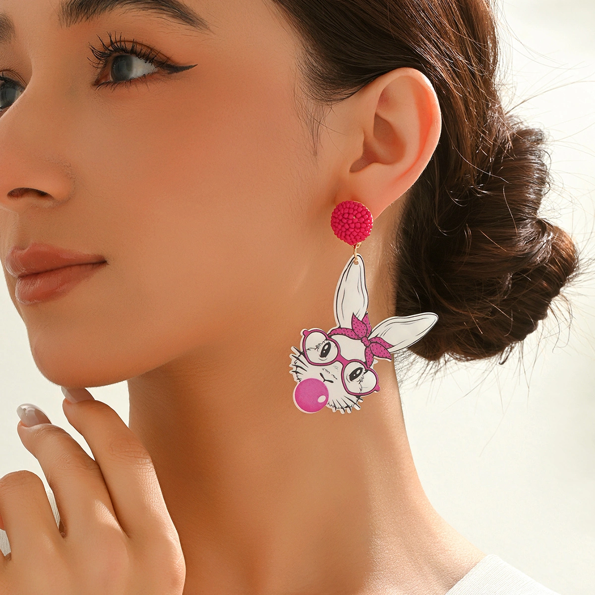 Playful Cartoon Animal Acrylic Stud Earrings Bubble Bunny Cat Tiger Bow Beaded Party Vacation Festival Daily Fashion Jewelry