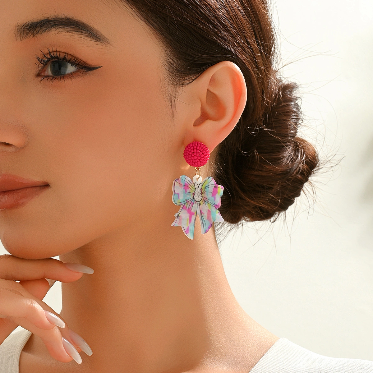 Playful Cartoon Animal Acrylic Stud Earrings Bubble Bunny Cat Tiger Bow Beaded Party Vacation Festival Daily Fashion Jewelry