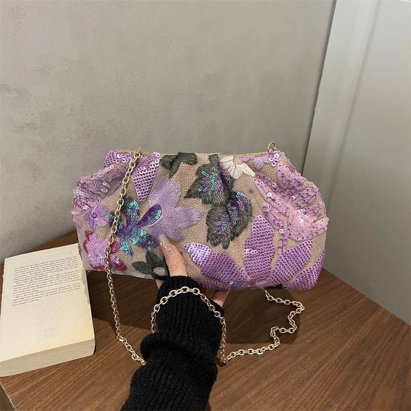 Chain-Strap Embroidered Fashion Clutch Bag