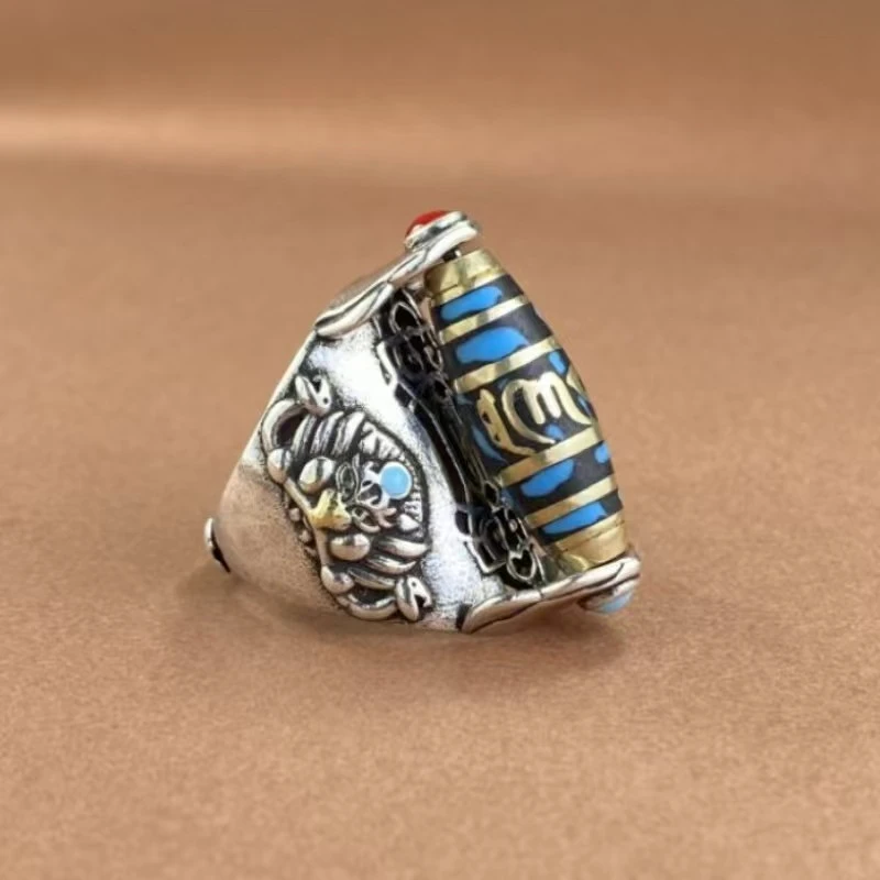 Tianzhu Ring, Tibetan Style For Men And Women, Six-Word Mantra With Kui Niu, Dapeng And Taotie Patterns, Vintage Index Finger Ring