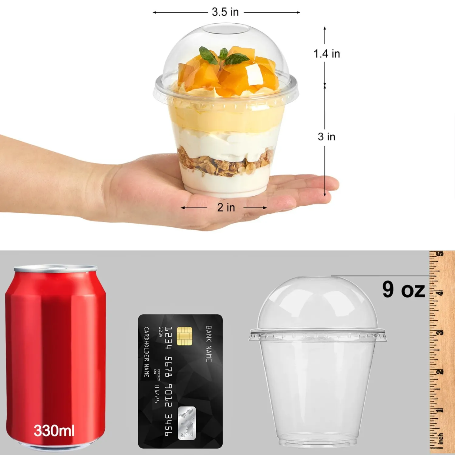[50 Sets, 9 oz Clear Plastic Dessert Cups with Dome Lids No Hole, Disposable Fruit Cups with Lid for Yogurt, Parfait, Pudding, Cake, Ice Cream, Snacks, Party Supplies