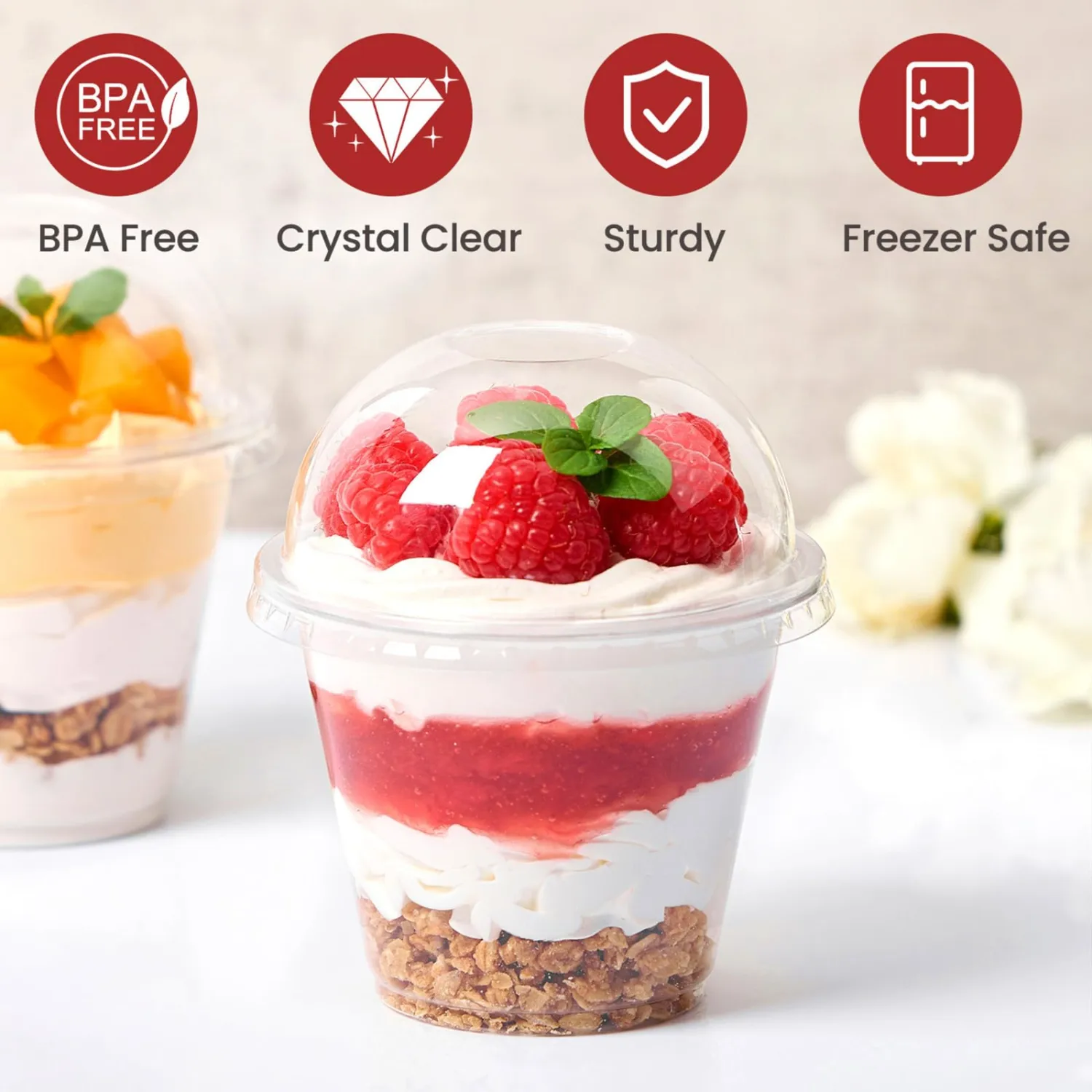 [50 Sets, 9 oz Clear Plastic Dessert Cups with Dome Lids No Hole, Disposable Fruit Cups with Lid for Yogurt, Parfait, Pudding, Cake, Ice Cream, Snacks, Party Supplies