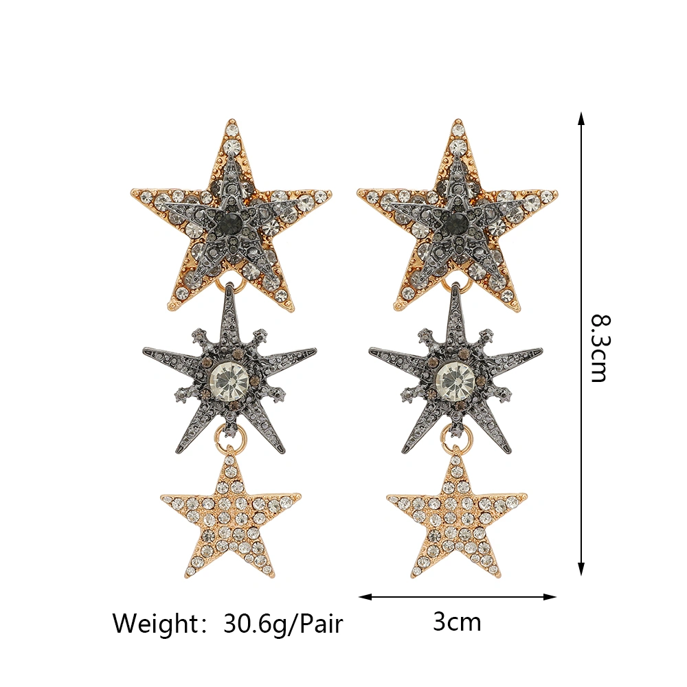 Shiny Rhinestone Three Layer Star Long Drop Earrings For Women Vintage Elegant Party Prom Jewelry Accessories