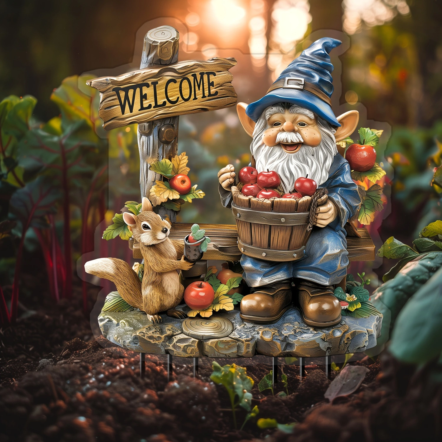 Charming Squirrel And Dwarf Outdoor Garden Stake For Potted Plants On The Lawn
