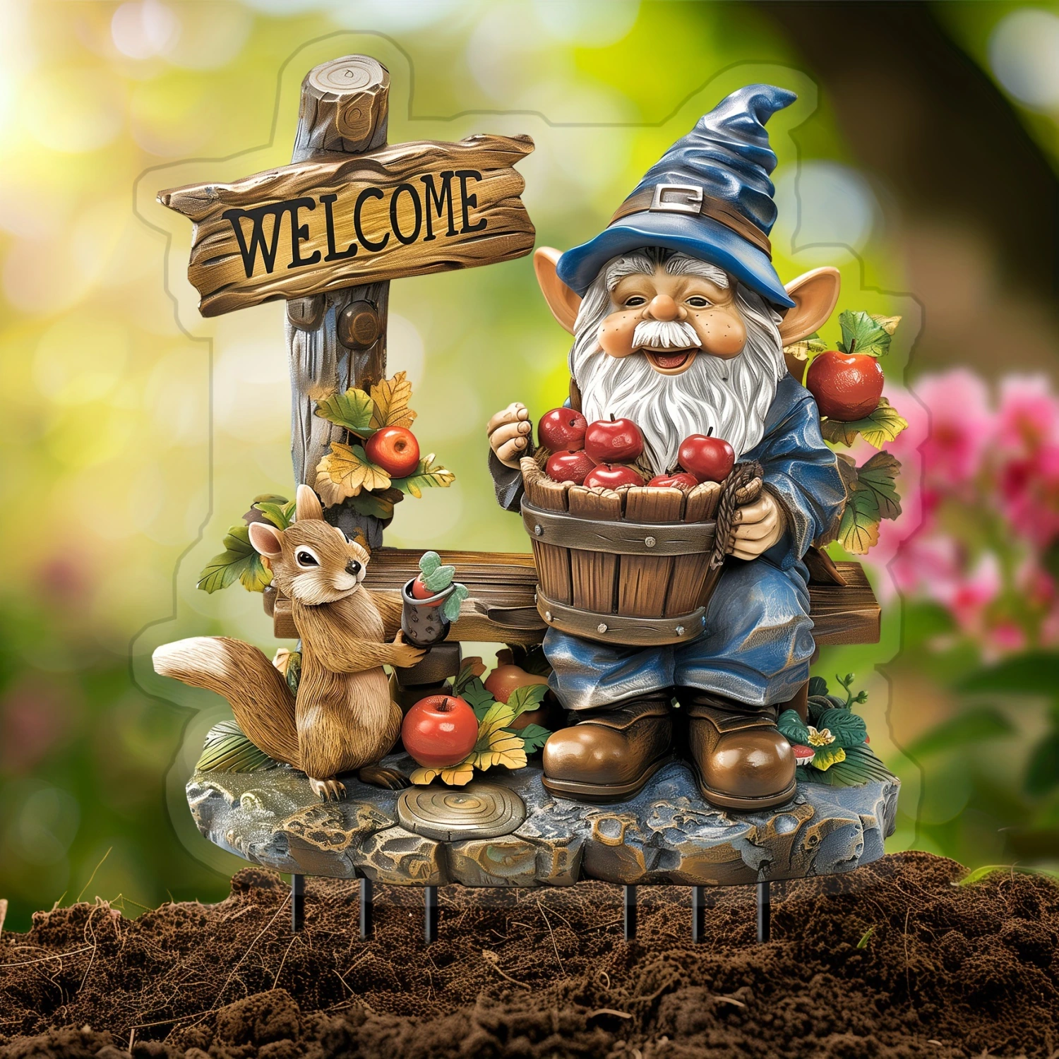 Charming Squirrel And Dwarf Outdoor Garden Stake For Potted Plants On The Lawn