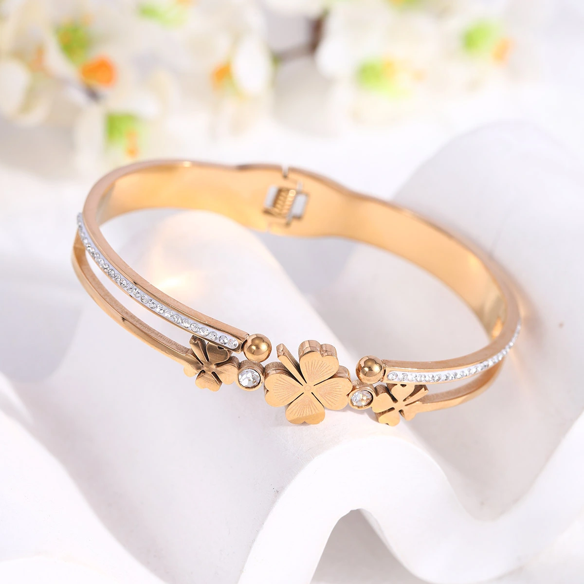Double-layer Four-leaf Clover Stainless Steel Bracelet