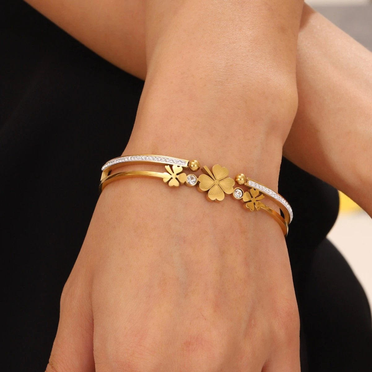 Double-layer Four-leaf Clover Stainless Steel Bracelet