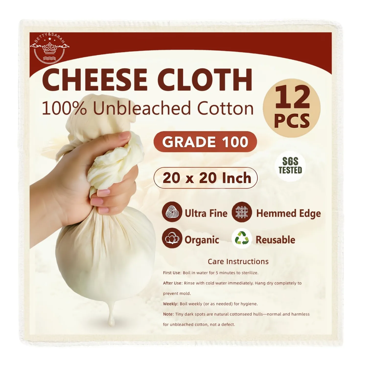 Cheese Cloths 12 Pack 20x20 Inch, Grade 100 100% Unbleached Cotton Reusable Cheesecloth for Straining, Ultra Fine Hemmed Cloth for Nut Milk, Yogurt & Cheese Making