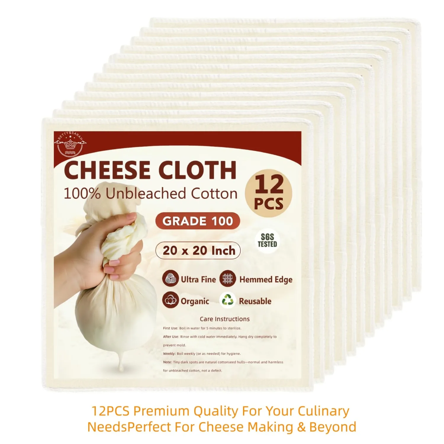 Cheese Cloths 12 Pack 20x20 Inch, Grade 100 100% Unbleached Cotton Reusable Cheesecloth for Straining, Ultra Fine Hemmed Cloth for Nut Milk, Yogurt & Cheese Making