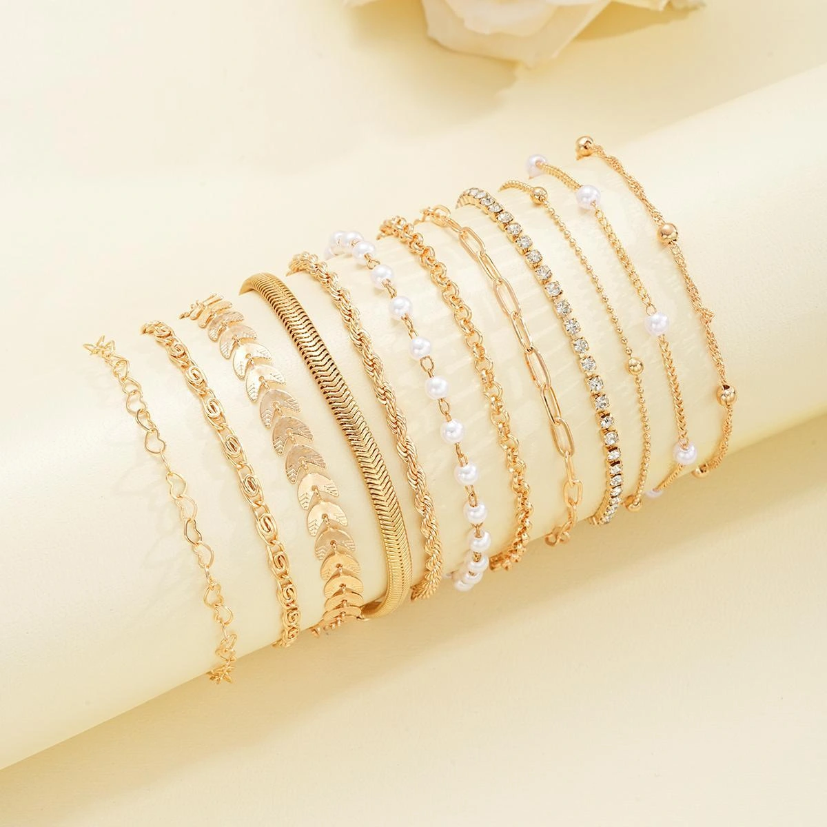 European And American Style Exquisite Beaded Chain Simple Fashionable 12-Piece Bracelet Set For Women