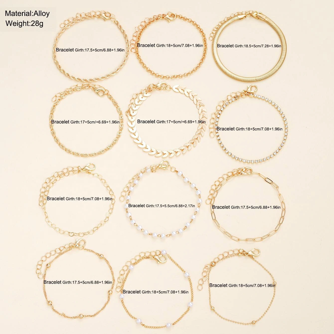 European And American Style Exquisite Beaded Chain Simple Fashionable 12-Piece Bracelet Set For Women